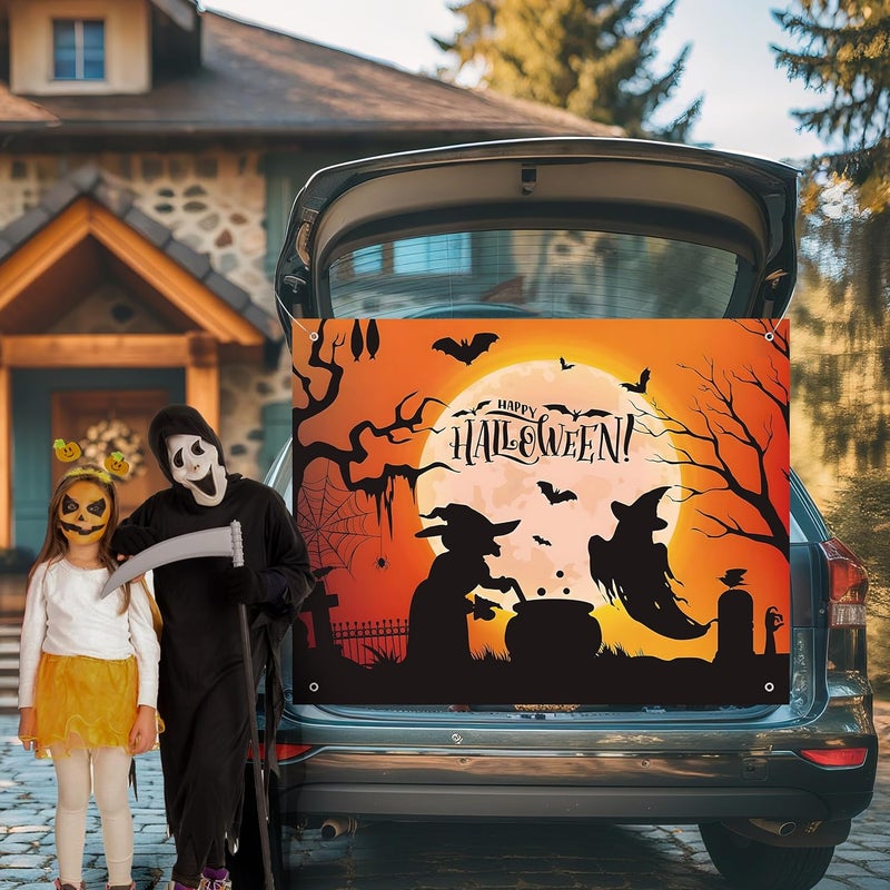 Pedel Halloween Trunk Or Treat Car Decoration Kits for Suv Banner, Orange Happy Halloween Witch Backdrop Banner for Archway Garage Door Haunted House Car Trunk Décor - Image 2